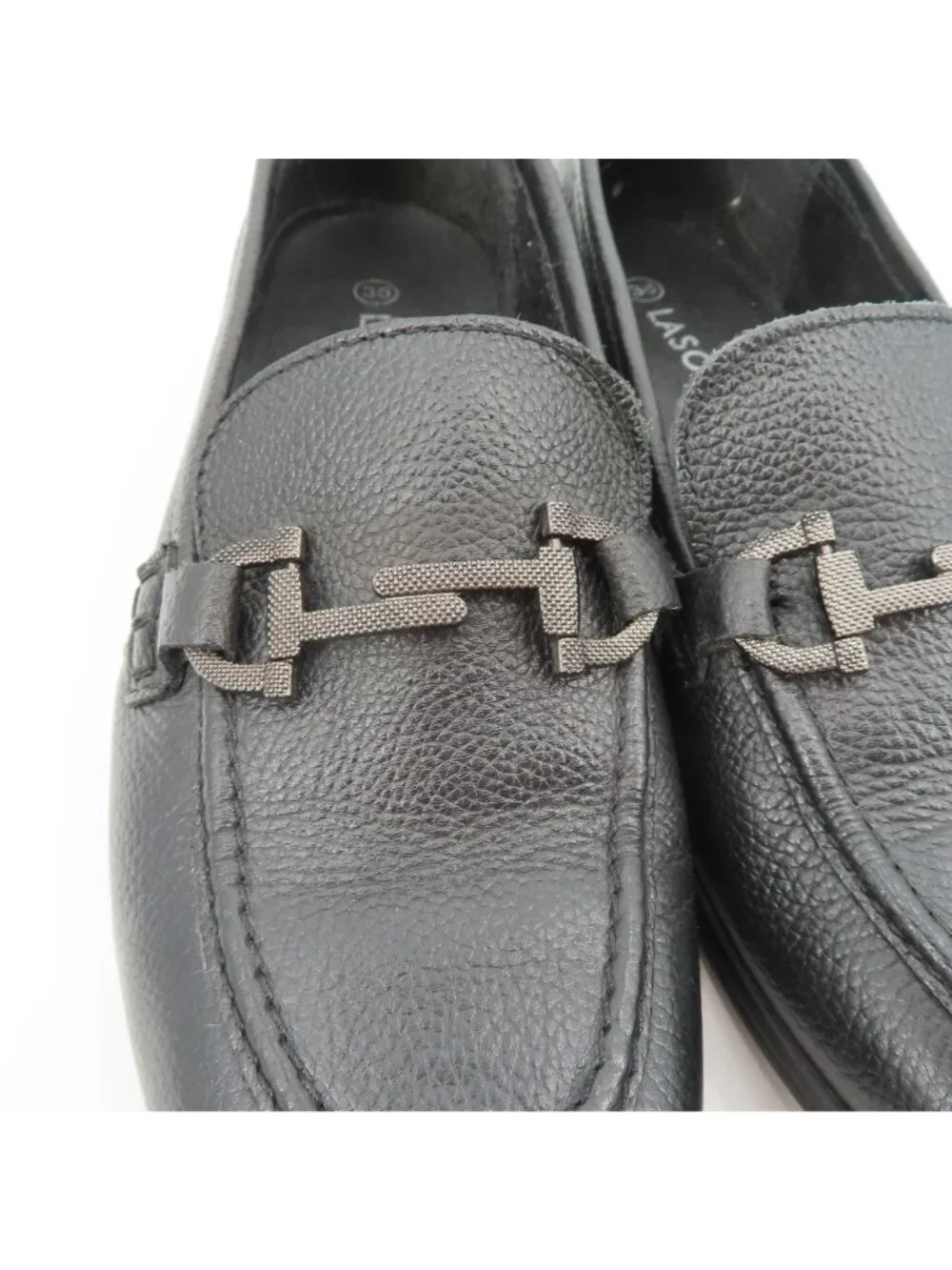 Lasocki Womens 36 EU 6 US Black Leather Metal Equestrian Slip On Loafer Shoes